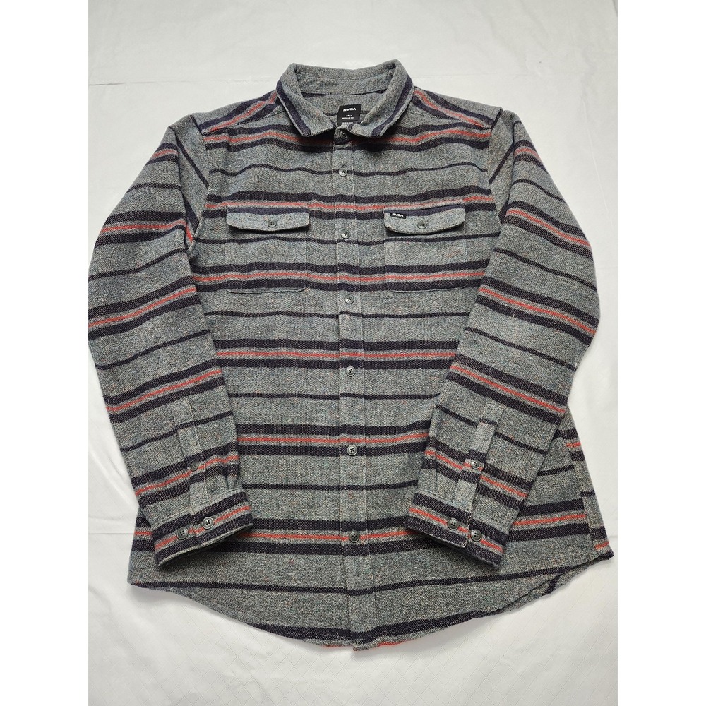 RVCA Shirt Mens Large Gray Stripe Wool Blend Flannel Long Sleeve Button Up